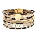 Fashionable multilayer leopard print PU leather bracelet featuring pearls and magnetic gold clasp - Khaki Leopard