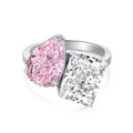 S925 sterling silver ring with pear pink stone and radiant white zircon gemstone - Size 5 / Double Stone Crushed Ice Style (DY120569) / Silver & Pink