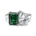 S925 silver ring with rectangular emerald green stone and pear-shaped clear zircon - White Gold Plated Green Zirconia Ring Size 5 (DY121358-S-W-SP)