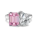 Bague Toi et Moi en argent S925 avec pierre rose émeraude et zircon blanc poire - Bague Zirconia Rose Plaqué Or Blanc Taille 6 (DY121358-S-W-PW)