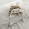 Brown infant winter trapper hat with cute bunny ears and soft white plush lining - Coffee
