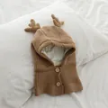 Sciarpa con cappuccio in maglia marrone per neonati con corna di cervo e fodera calda - Kaki