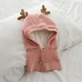 Sciarpa con cappuccio in maglia rosa con corna di cervo e fodera calda per l'inverno - Rosa Antico