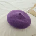 Sweet dark purple wool beret for girls with a classic top stem in a soft plush texture - Purple