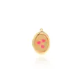 Detailed view of an oval 18K gold-plated locket with pink enamel hearts and wave textures - Pink