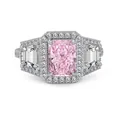 Luxurious S925 silver ring set with pink rectangular ice cut zircon and halo side stones - Size 6 / Three Stone Radiant Cut Ring (DY121415) / White Gold