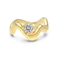 S925 wavy gold ring featuring a bright round cubic zirconia in a modern double-layer style - Adjustable Open / Single Stone Wave Line Style (DY121420) / Gold