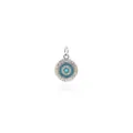 Makroaufnahme des 18K vergoldeten Evil Eye Anhängers mit Zirkonia und blauen Akzenten - Weißgold Grün