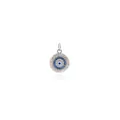 Detail eines 18K vergoldeten Evil Eye Anhängers mit blau-weißen Zirkonia-Steinen - Weißgold Blau