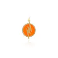 Detail of round 18K gold plated lightning bolt pendant with orange enamel and zircon border - Orange
