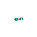 Close-up of 18K gold plated Evil Eye stud earrings with blue enamel finish - Green