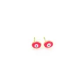 Detail of pink evil eye stud earrings in 18K gold plated finish with enamel texture - Red