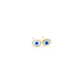 Macro detail of 18K gold-plated Evil Eye stud earrings with blue enamel center - White