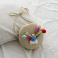 Bolso bandolera redondo de paja para niños con decoración de arcoíris y estrella - Beige