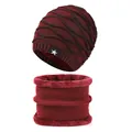 Men's winter knit beanie and scarf set with fleece lining in burgundy and black - Hat And Neck Warmer / Burgundy
