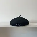 Classic black wool beret for kids featuring a delicate silver heart embroidery detail - One Size / Black