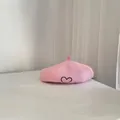 Pink wool felt beret for children featuring a minimalist black heart embroidery - One Size / Pink