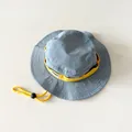 Light blue kids sun hat with yellow chin strap and side MOOY label detail - Light Blue