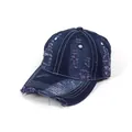 Berretto da baseball in denim blu scuro con dettagli decorativi floreali viola logori - Taglia unica / Blu Denim Scuro-Viola