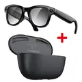 Smart audio glasses with 8MP camera and portable leather charging case set - Black Glasses (Photochromic) And Black Charging Case