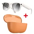 Smart camera glasses with white frame and orange leather charging case, 3600mAh battery - Beige Glasses (Photochromic) And Brown Charging Case