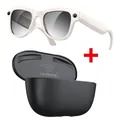 Smart AI glasses with white frame, camera and black leather textured charging case - Beige Glasses (Photochromic) And Black Charging Case