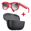 Gafas inteligentes de IA con montura roja, lentes grises y estuche de carga - Gafas Rojas (Fotocromáticas) y Estuche de Carga Negro