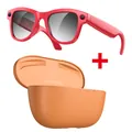 Gafas inteligentes de montura roja con lentes degradadas y estuche de carga de cuero - Gafas Rojas (Fotocromáticas) y Estuche de Carga Marrón