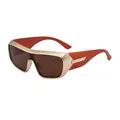 Sporty shield sunglasses with gold metal frame and orange wide temples in dark brown tint - C4 Solid Tea