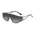 Futuristic dark grey rimless wrap sunglasses with geometric cut-out metal temples - C3 Black Gold Gunmetal Frame Grey Green Lens