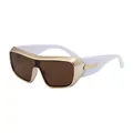 Sporty shield sunglasses with gold metal frame, white temples and dark brown lenses - Yellow White
