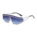 Silver metal wrap-around sunglasses with blue gradient lenses and geometric punk design - C4 Black Gold Silver Frame Blue Grey Lens