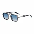 Square double bridge sunglasses with black silver frame and blue gradient lenses - C7 Matte Silver Black Blue