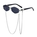 Chic polygonal silver frame sunglasses with deep gray lenses and metal chain detail - With Decorative Metal Chain (C2) / Glossy Silver Frame Gray