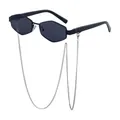 Polygonal black sunglasses with hexagonal lenses and a long silver metal hanging chain - With Decorative Metal Chain (C1) / Glossy Black Frame Gray