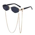 Polygonal gold metal sunglasses with dark lenses and elegant hanging chains - With Decorative Metal Chain (C3) / Gold Frame Gray
