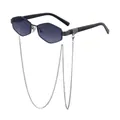Polygonal sunglasses in black frame with hanging gunmetal chains for women - With Decorative Metal Chain (C4) / Gunmetal Gray Frame Double Gray