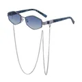 Silver polygonal sunglasses with gradient blue lenses and a marble-patterned temple chain - Light Gunmetal Frame Blue Wood Grain