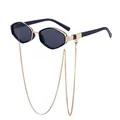 Chic hexagonal sunglasses in black and gold finish with elegant metal link chain strap - C3 Bright Black Gold Frame Full Gray