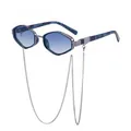 Polygon sunglasses with blue gradient lenses and decorative silver metal chain - C7 Bright Blue Light Gunmetal Wood Grain Light Blue White