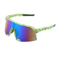 Outdoor cycling sunglasses with neon green splatter frame and gradient shield lens - Ink Dot Green