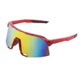 Red sports sunglasses with black splatter pattern and colorful mirrored gradient lens - Ink Dot Red