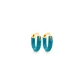 Detailed close-up of small 18K gold-plated hoop earrings with vibrant teal enamel inlay - Green