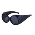 Fashionable oversized oval sunglasses in black with unique textured stripe temples for women - C2 Black