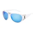 Sporty white sunglasses with mirrored blue lenses and silver metal bridge detail - Glossy White Ice Blue