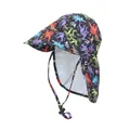 Kids sun hat with cartoon dinosaur print, neck protection flap and mesh lining - Black Dinosaur