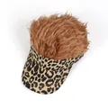 Baseball cap with leopard print brim and attached curly brown hair wig for parties - Leopard Body / Orange Wig