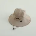 Beige kids sun hat with LUCKY embroidery, wide brim and adjustable windproof strap - Khaki