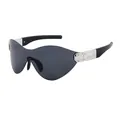 Modische einteilige Wrap-Sonnenbrille mit grauen Gläsern und silbernen Metallakzenten - Mattschwarz Grau