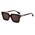Square oversized sunglasses with black frame, amber interior, and gold rivet details - Black and Amber Frame with Brown Lens (C5)